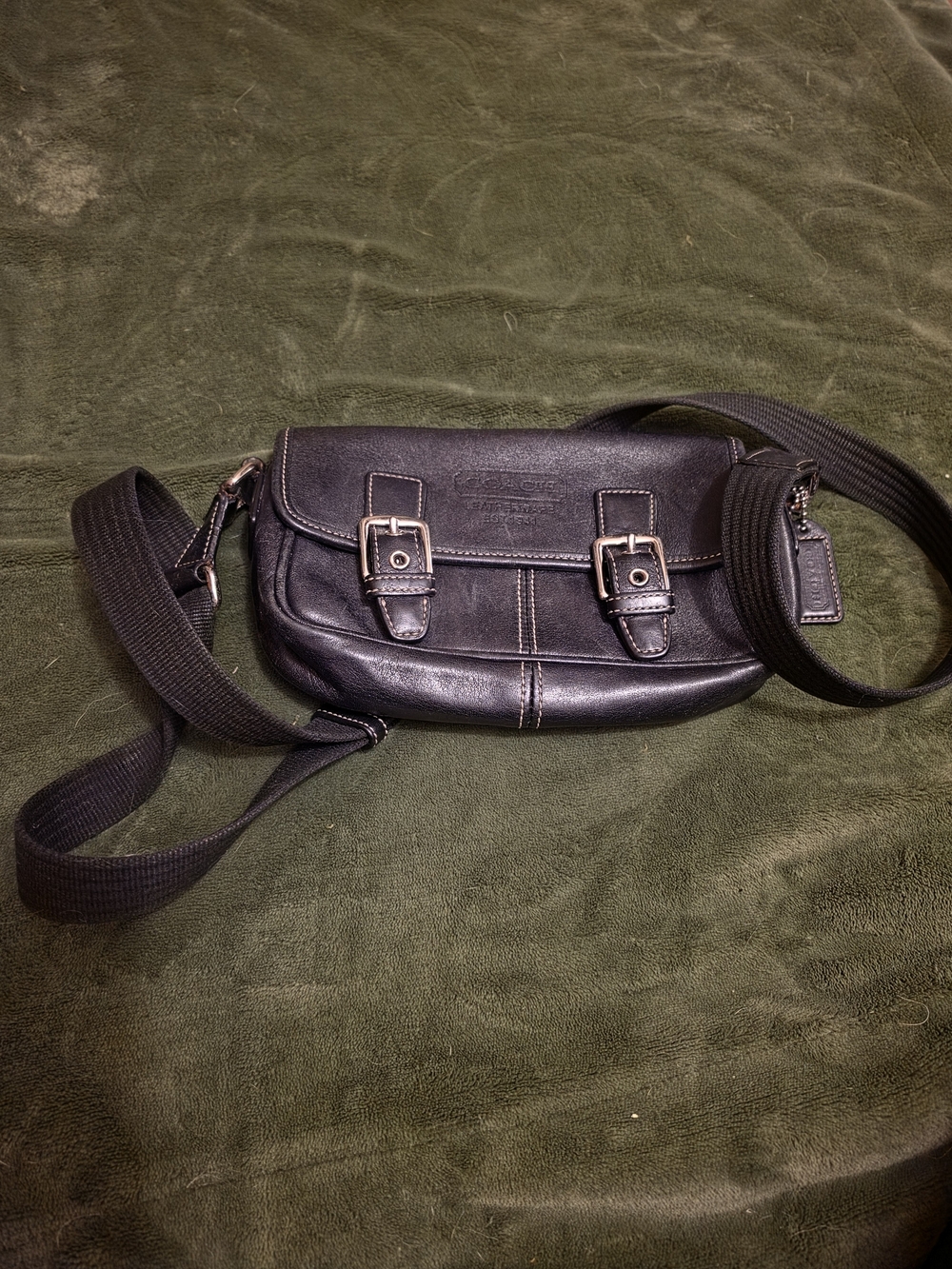 Coach Black Leather Messenger Crossbody Bag with Buckle Accents